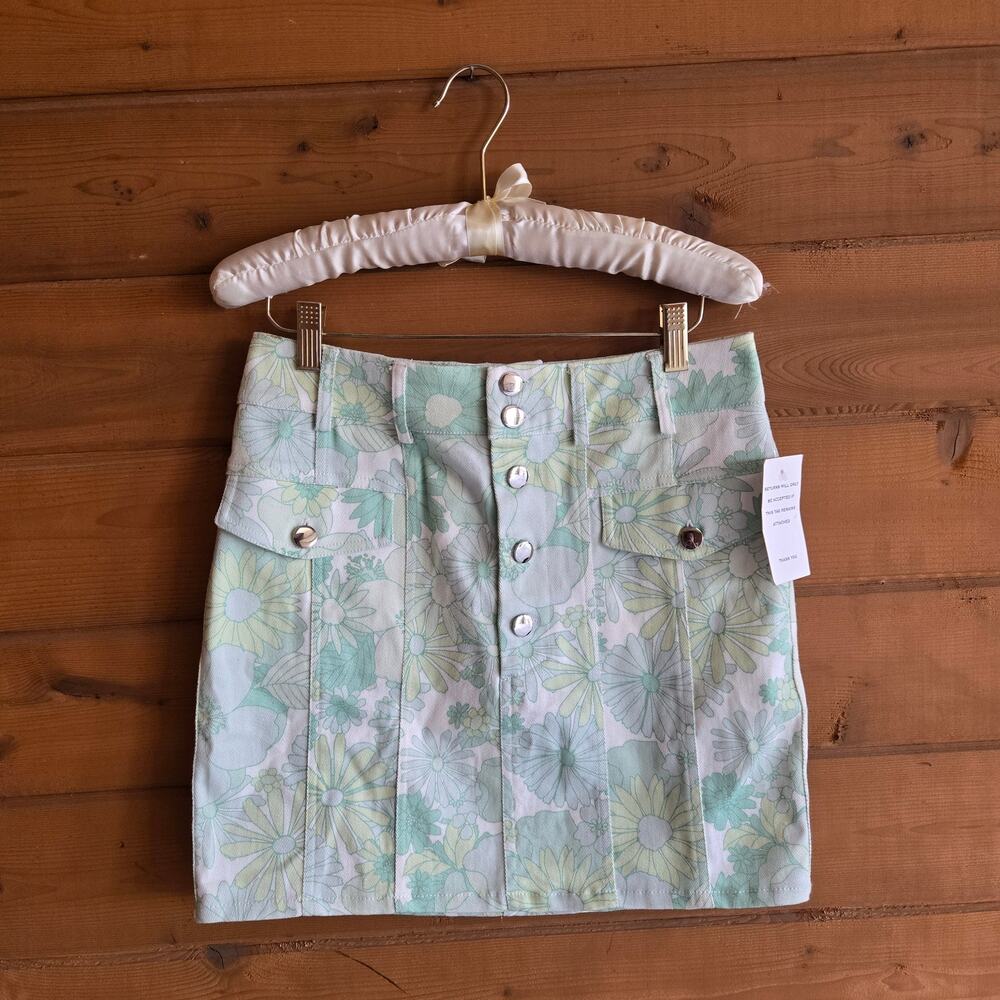 For Love & Lemons Peyton Skirt NWT M Mini Mint Green Floral Boho Pastel Prairie - Picture 2 of 5